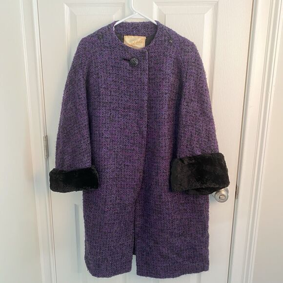 Vintage 50s Saks Fifth Avenue Swing Jacket Womens Large Tweed Fur Trim Union - Picture 1 of 11